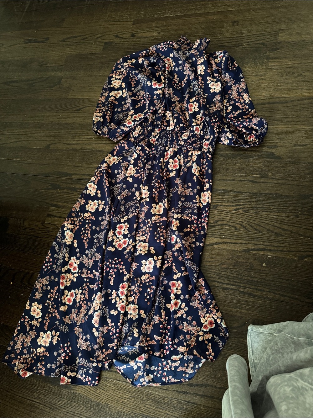 Nanette Lepore Navy Floral Maxi Dress with Puff Sleeves